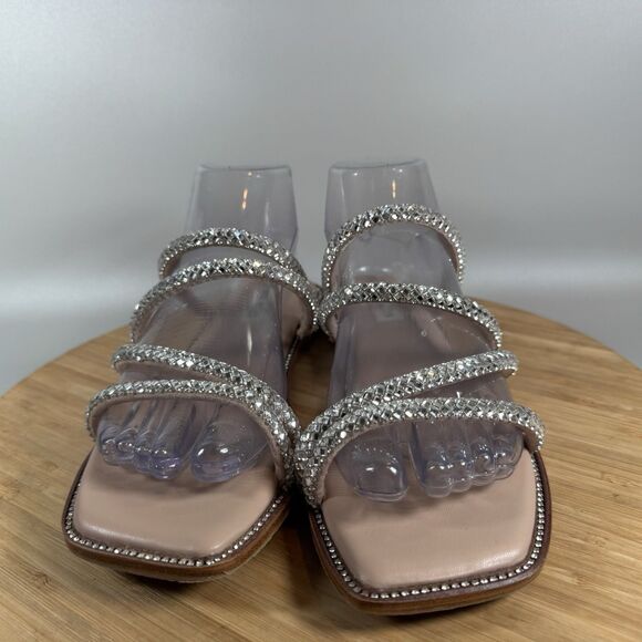 Steve Madden Sandals 8.5 M Starie Rhinestones Strappy Flats Beige Square Toe Tan - Picture 2 of 6